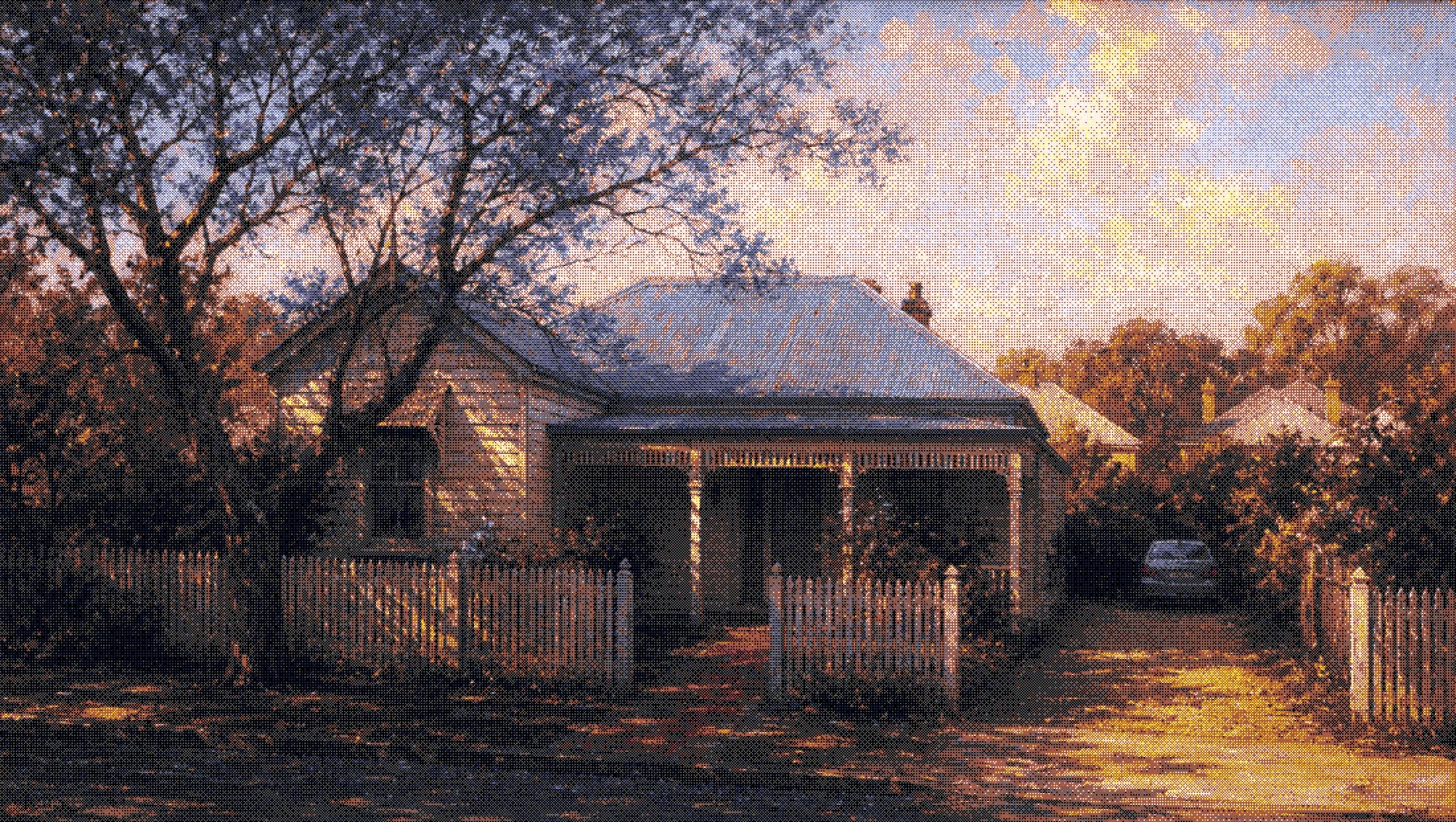 a weatherboard cottage behind a picket fence, a car in the drive