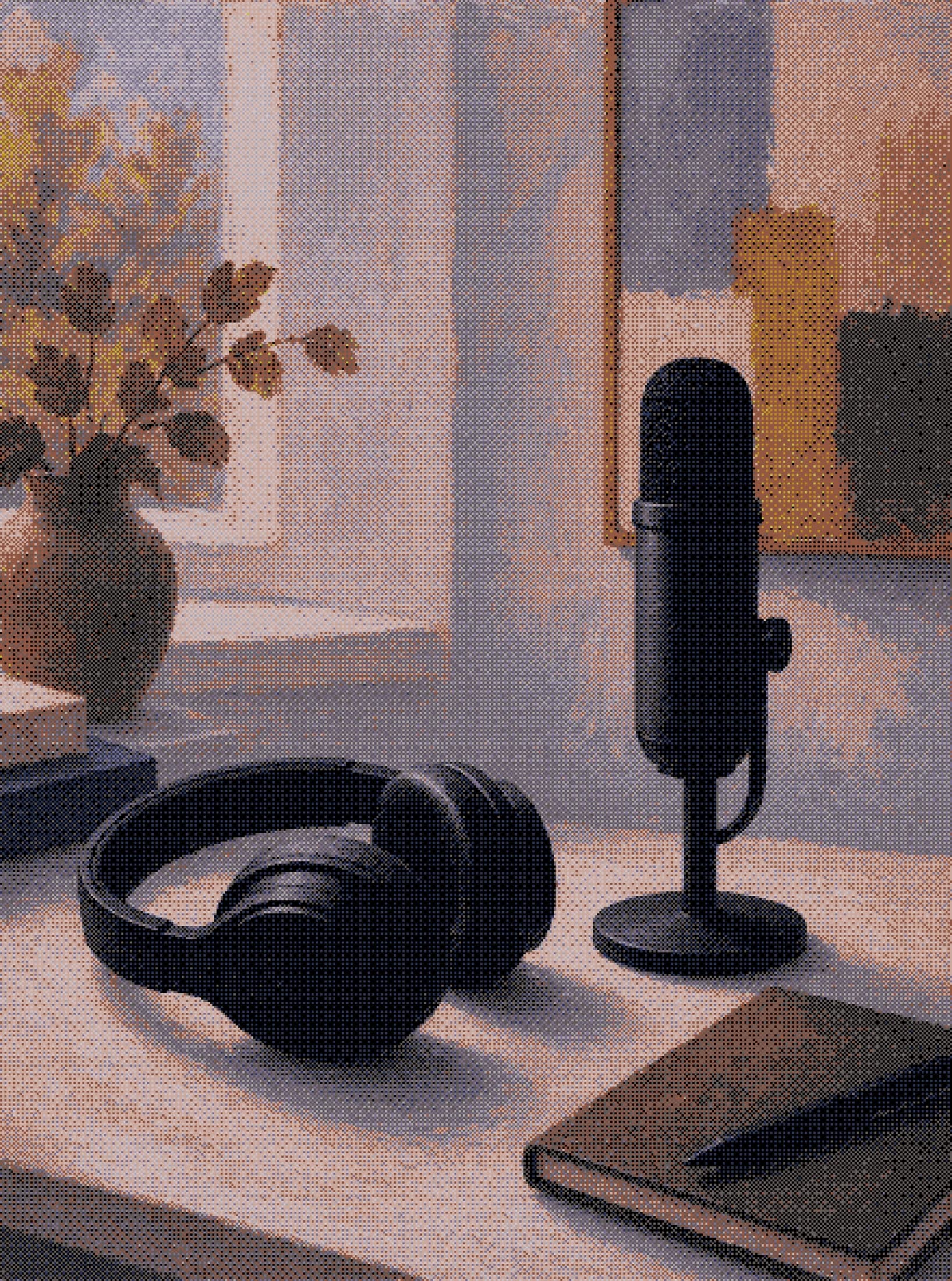 headphones and a studio microphone on a desk by a window