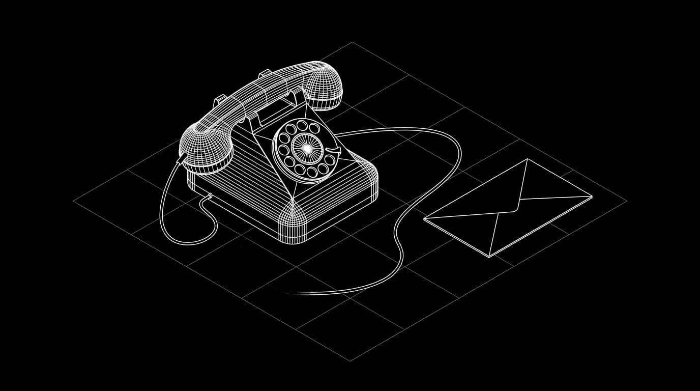Isometric wireframe of a rotary desk telephone connected by a curving cable to an envelope, on a faint grid floor