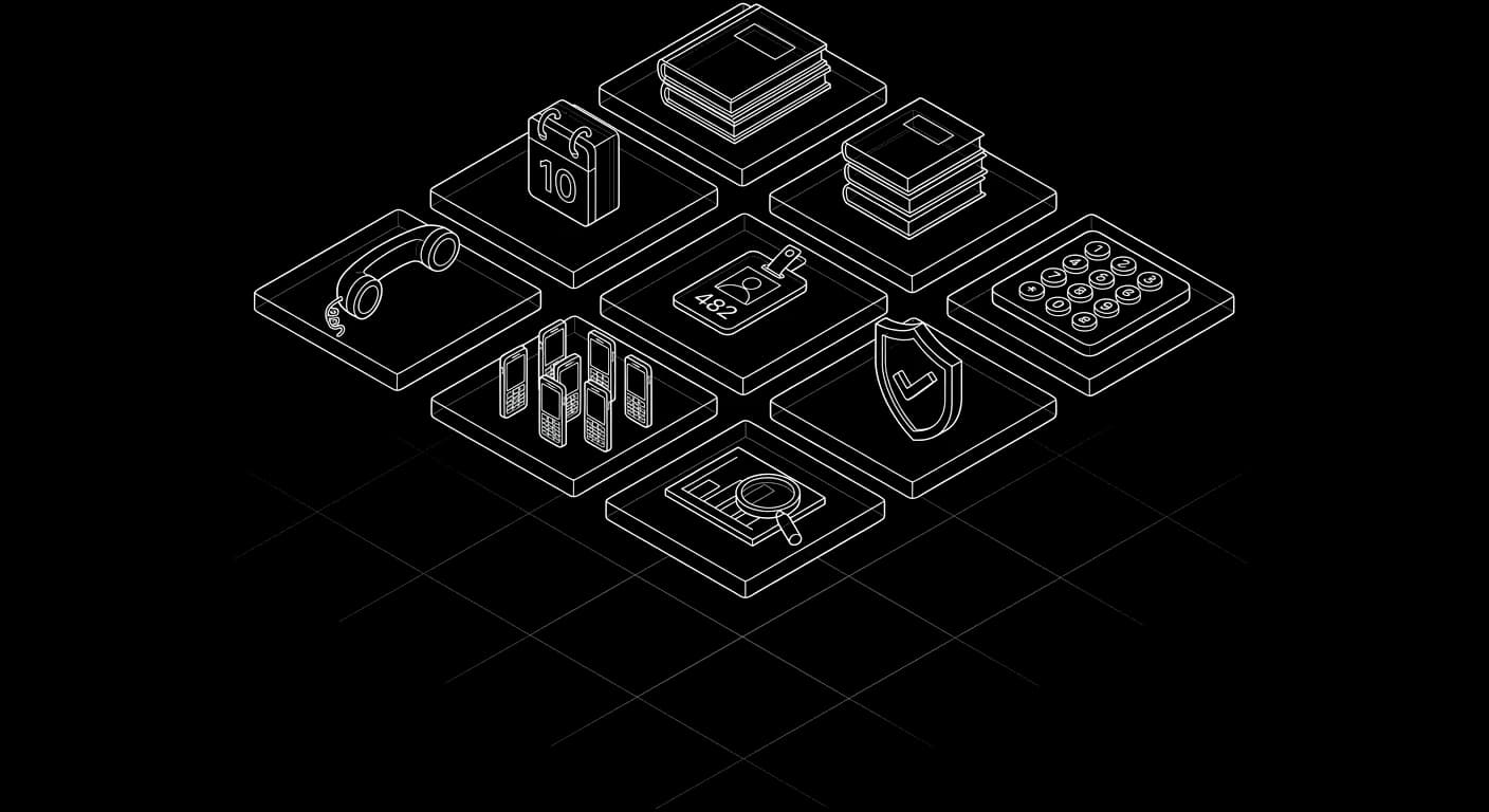 Isometric wireframe grid of eight feature modules