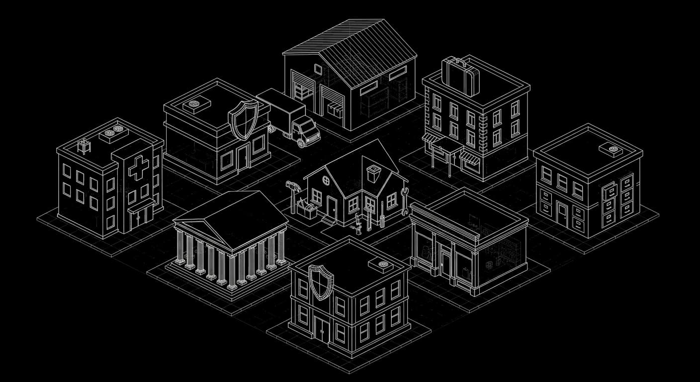 Isometric wireframe block of eight industry buildings