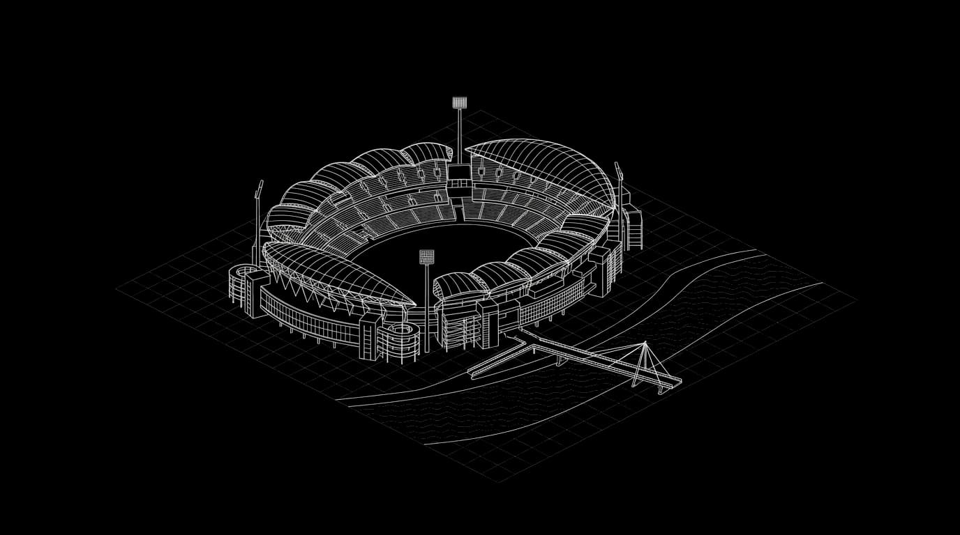 Isometric wireframe illustration of the River Torrens footbridge cables and Adelaide Oval roof