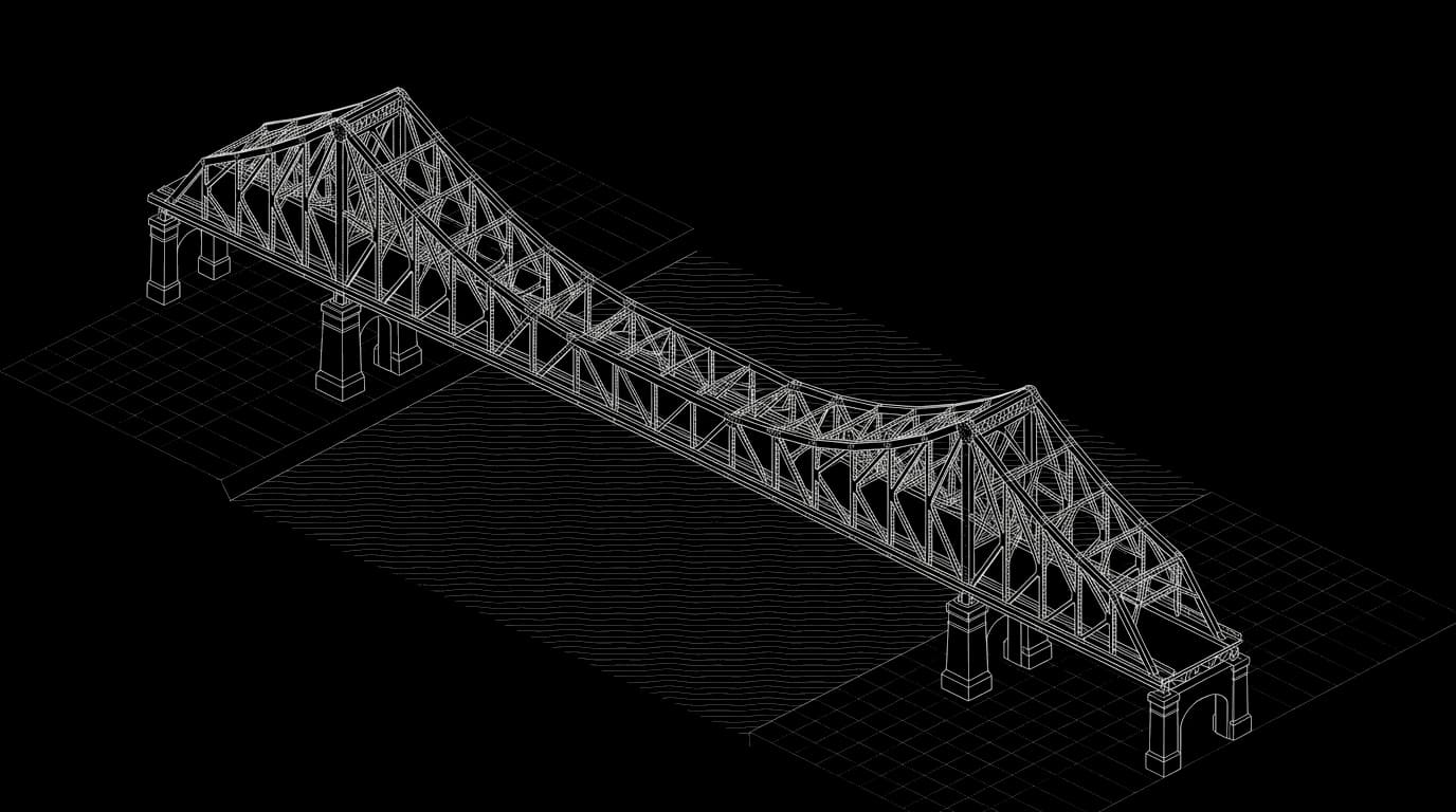 Isometric wireframe illustration of the Story Bridge steel trusses over the Brisbane River