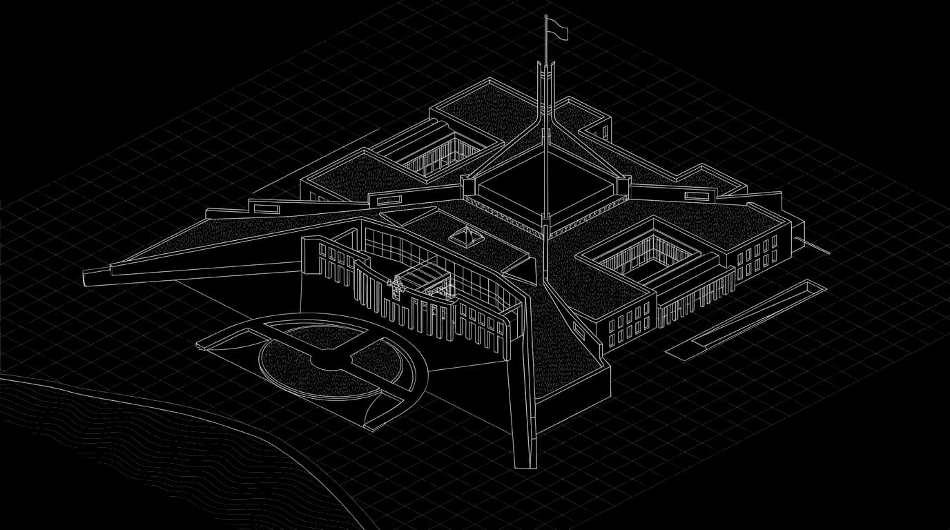 Isometric wireframe illustration of the Parliament House flagpole and the Lake Burley Griffin shoreline