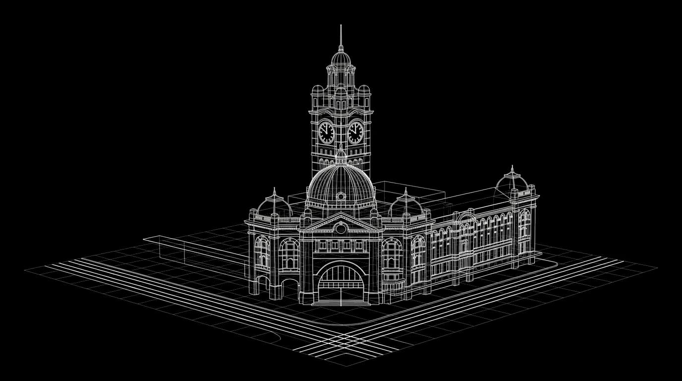 Isometric wireframe illustration of the Flinders Street Station clock tower and dome