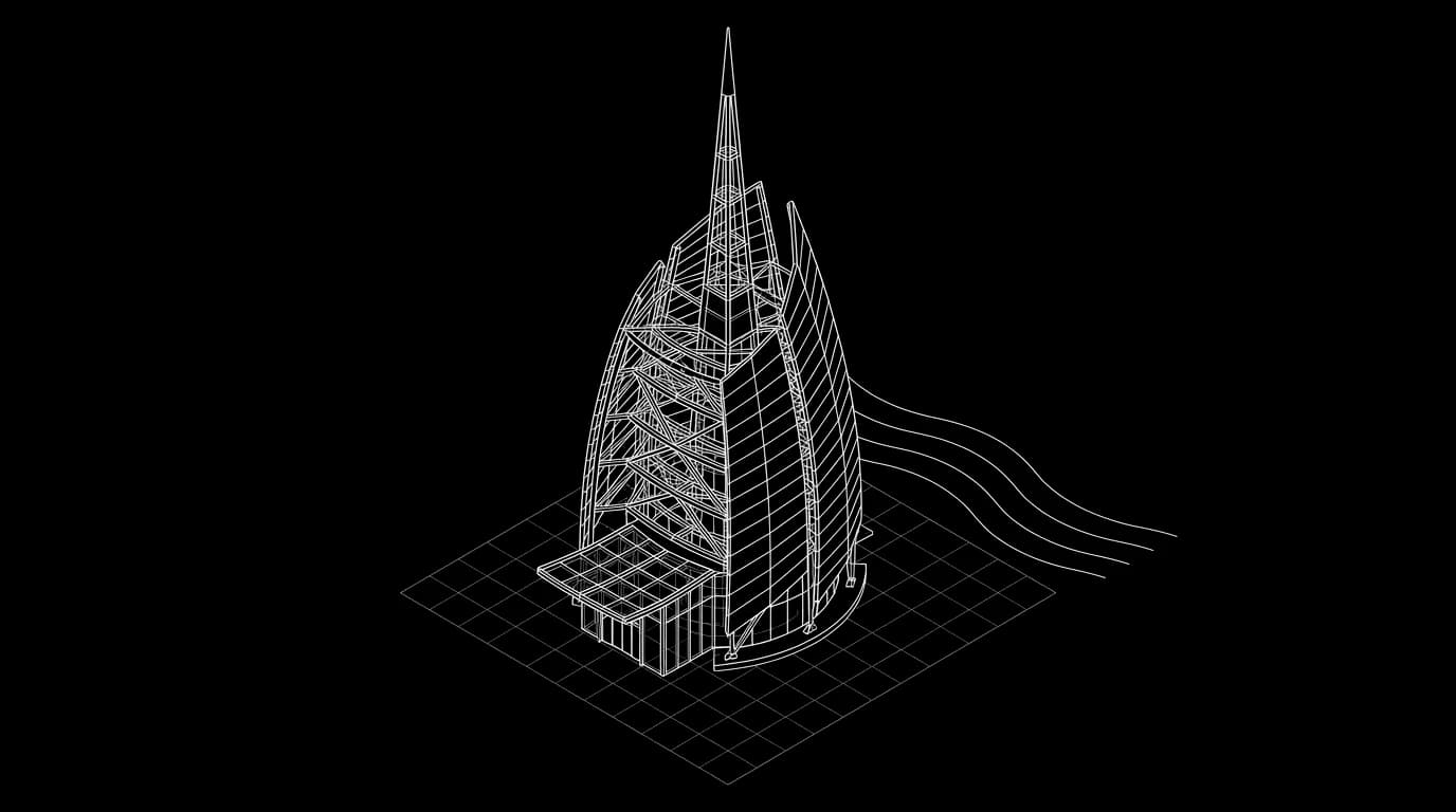 Isometric wireframe illustration of the Perth Bell Tower spire on the Elizabeth Quay waterfront