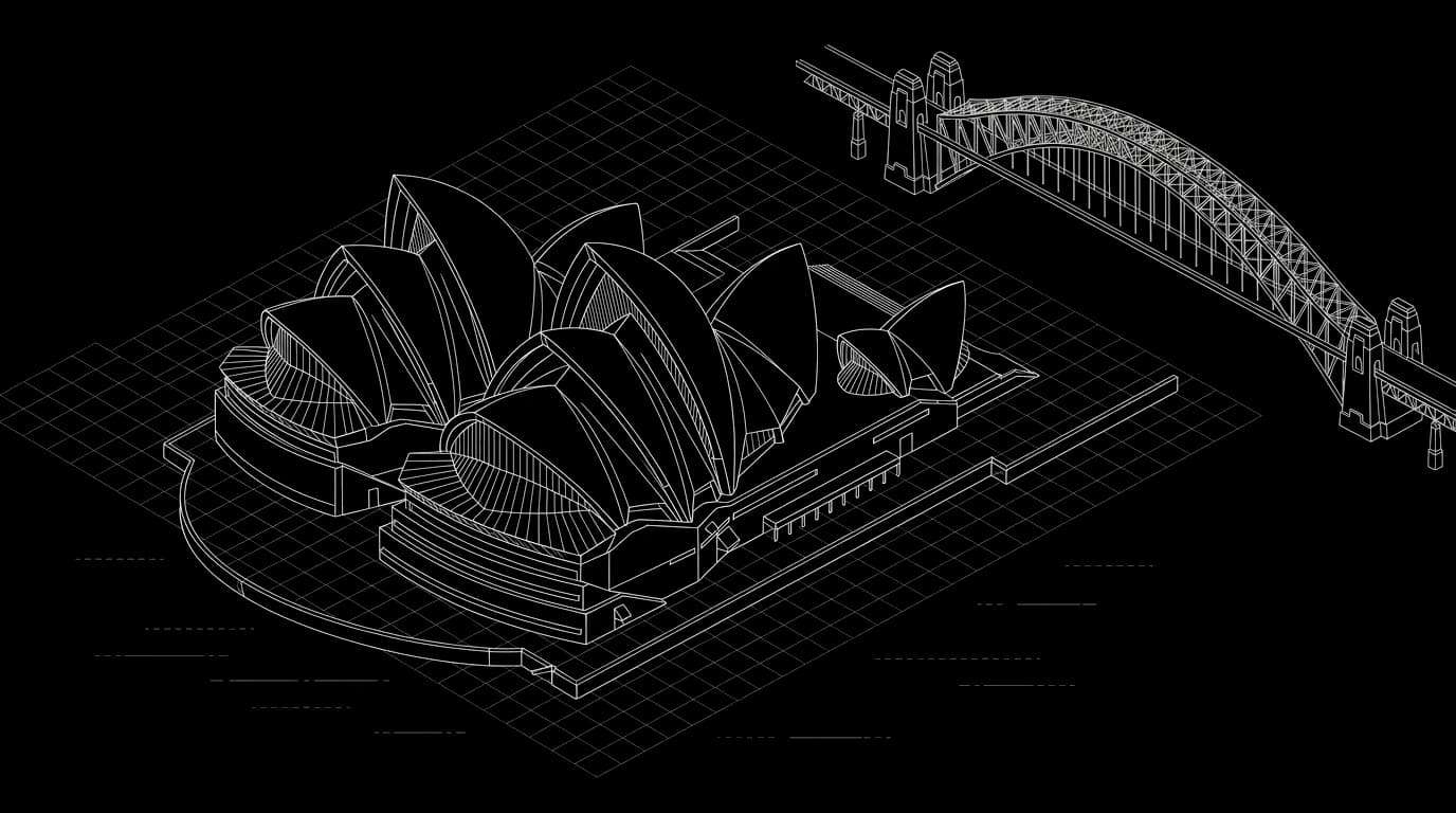 Isometric wireframe illustration of the Sydney Opera House sails and the Harbour Bridge arch