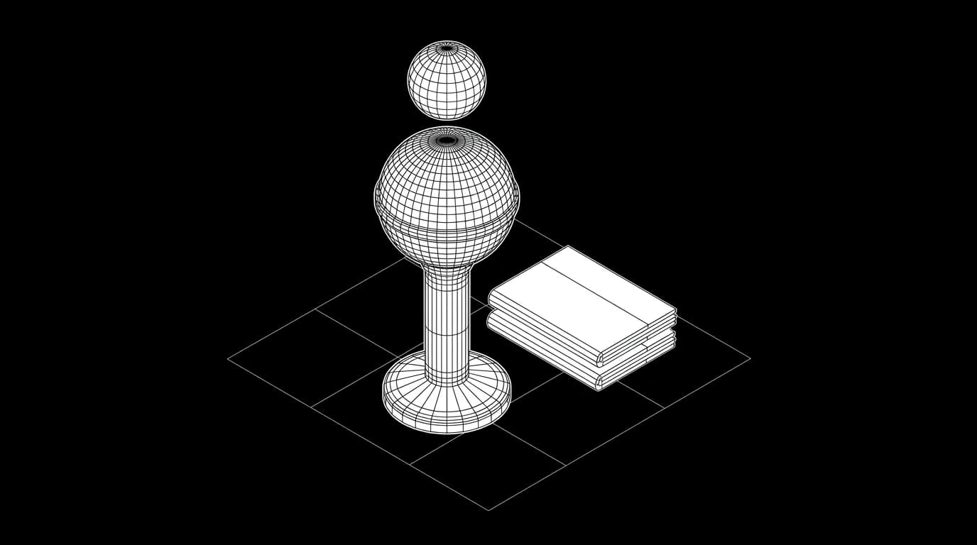 Isometric wireframe of a classic broadcast microphone on a tabletop stand beside a small stack of folded newspapers