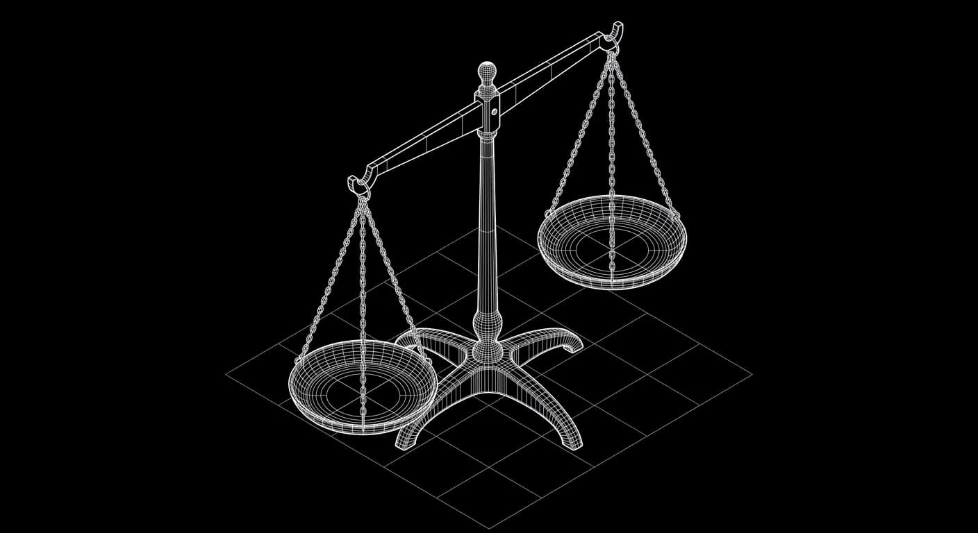 Isometric wireframe of a pair of antique balance scales on an isometric grid floor
