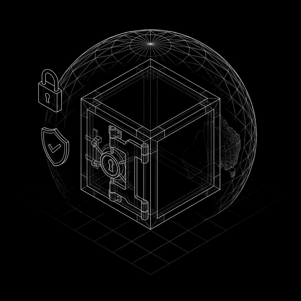 Isometric wireframe vault inside a geodesic dome traced with Australia