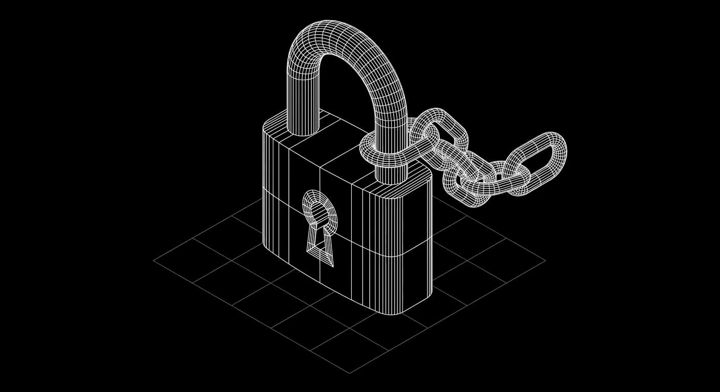 Isometric wireframe padlock with a chain threaded through the shackle
