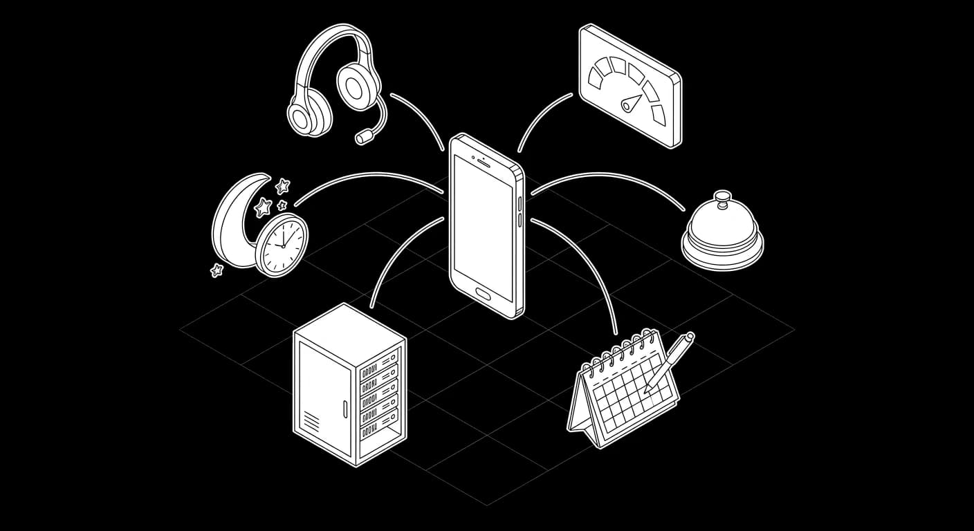 Isometric wireframe hub of six use-case modules orbiting a phone