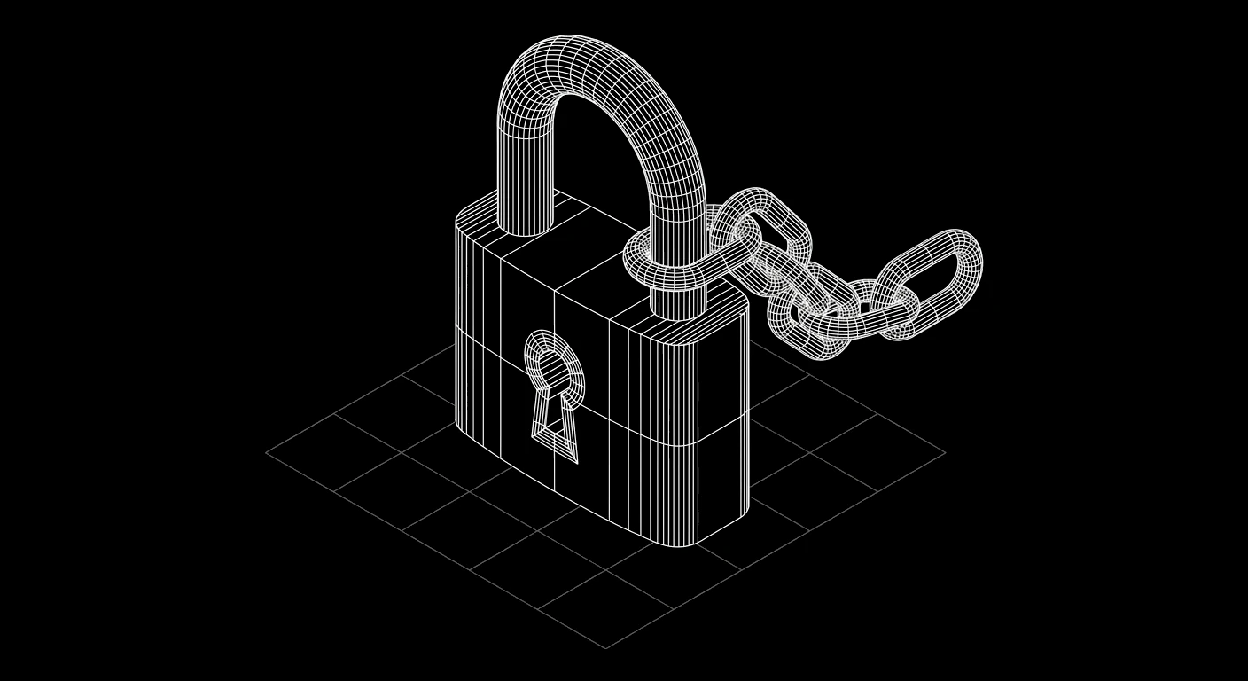 Isometric wireframe padlock with a chain threaded through the shackle