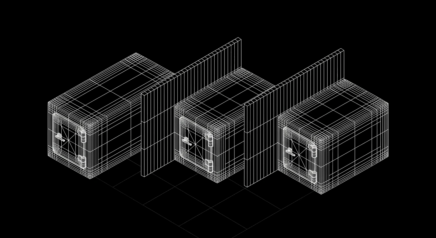 Isometric wireframe of three partitioned vaults in a row