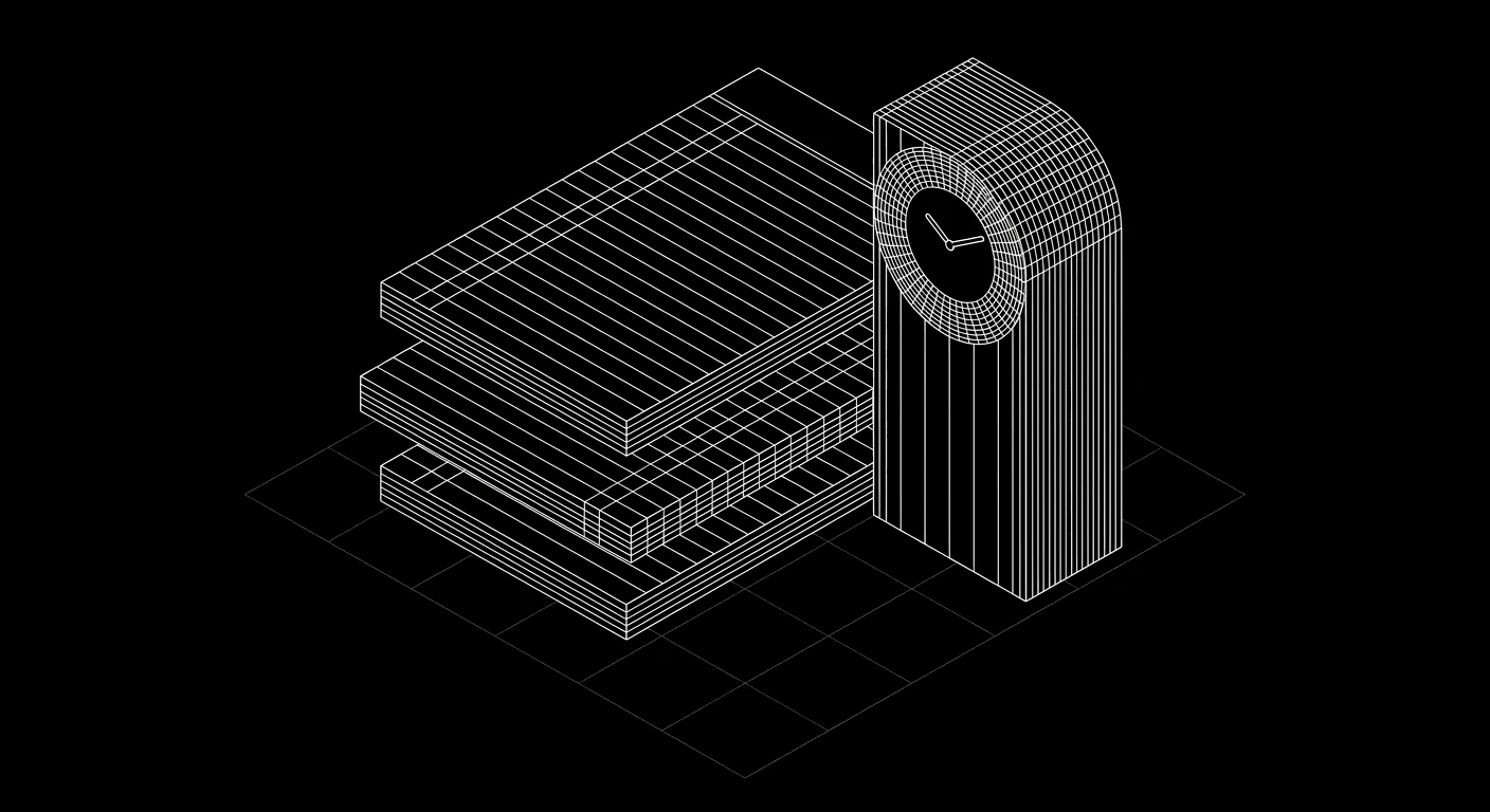 Isometric wireframe of offset ledger records beside a clock tower